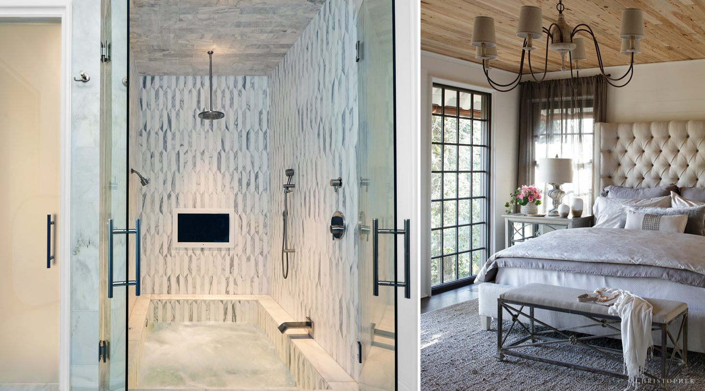 Transitional Estate Master Bedroom and Bathroom with Recessed Tub and Shower Combination