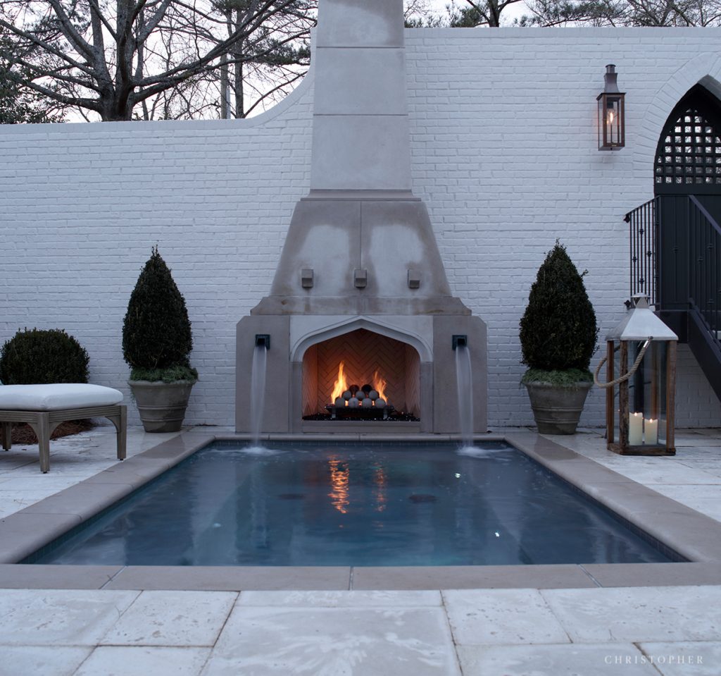 Transitional Estate Courtyard with Cocktail Pool and Fireplace